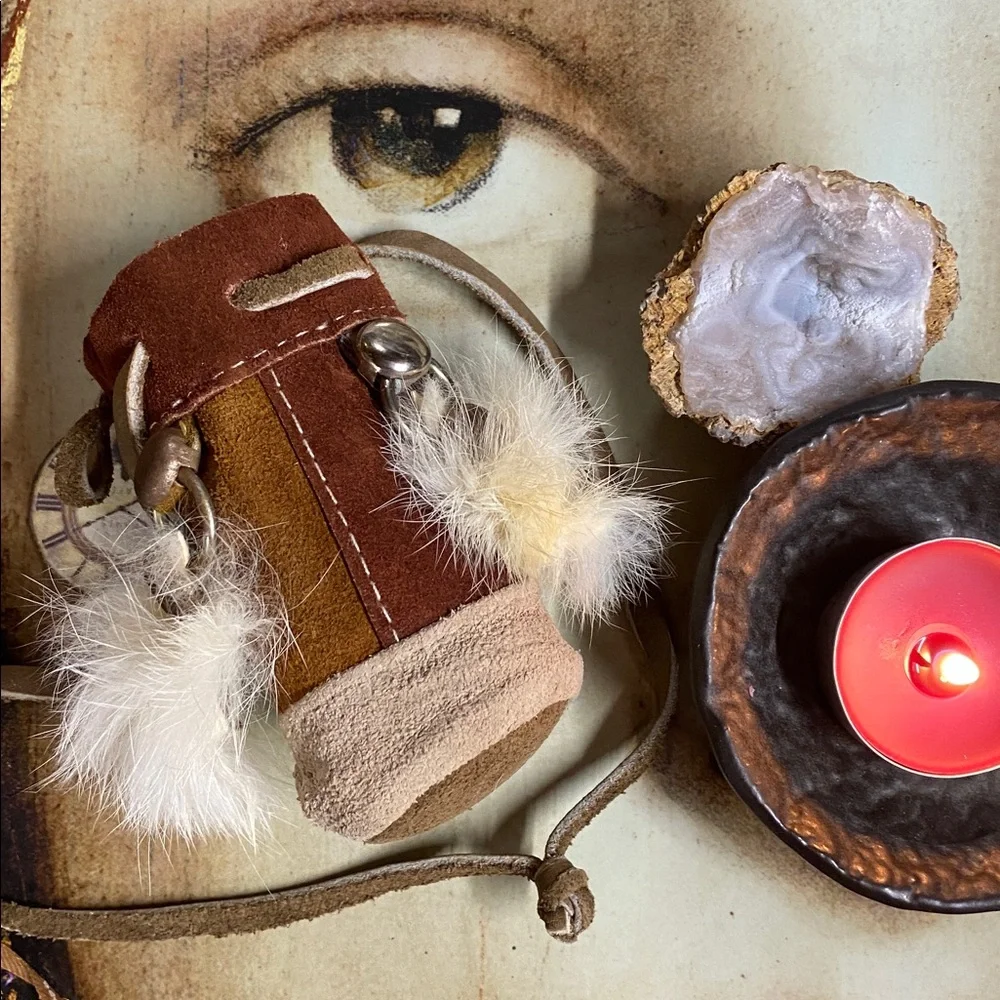 Raw Amethyst Stone & Suede & Fur Medicine Pouch
